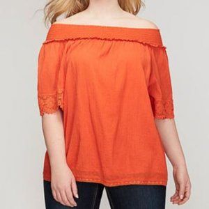 Lane Bryant Orange Crochet Off Shoulder Gauze Top